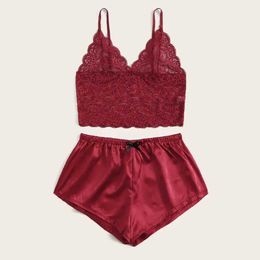 Sexy Pijama Mujer Women Sleep Wear Sexy Lingerie Satin Lace V-neck Camisole Shorts Set Sleepwear Pajamas Women Sexy Clothes Q0706