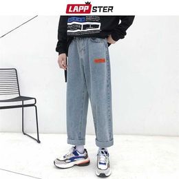 LAPPSTER Mens Korean Fashoins Harem Blue Jeans Pants Vintage Straight Pants Harajuku Jeans Baggy Free Belt Wide Leg Denim 211206