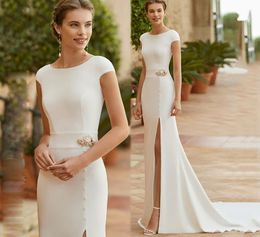 Ivory Bride Gowns High Slit Mermaid Satin Modern Wedding Dresses Flowers Scoop Neckline Cap Sleeves Plus Size 2022