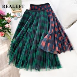 REALEFT Spring Summer Women Vintage Mesh Patchwork Long Skirts High Waist Plaid Harajuku Tulle A-Line Mid-Calf Skirts Ladies 210310