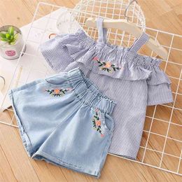 Fashion 3 4 -11 12 Years Cotton Striped Embroidery Off Shoulder Strap T-shirt + Shorts 2 Pieces Baby Kids Girls Summer Sets 210625