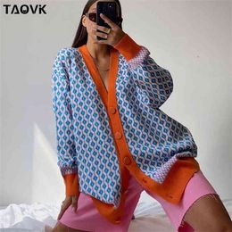 TAOVK Women's Knitting Cardigans Sweater Diamond Pattern Colour Contrast Loose Casual Knitted Cardigan Jacket 210922