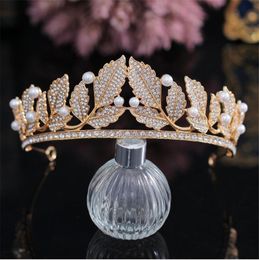 Royal Wedding Leaf Crown Pearls Tiara Bridal Crystal Rhinestone Headband Princess Korean Hairband Gold Silver Hair Accessories Jewelry Headpiece Prom Headwear