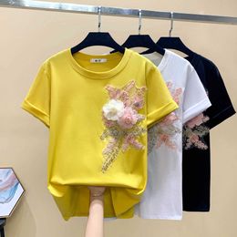 Oversized Cotton Floral Embroidery Tops Summer Short Sleeve T shirt Women Korean Style T-shirt Women Clothes Tee Shirt Femme 210604