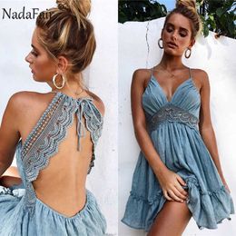 Nadafair Lace Sexy Summer Dress Women Spaghetti Strap A-Line V Neck Backless Party Mini Beach Dress Y1006