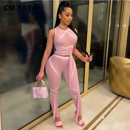 CM.YAYA Women Set Solid Mesh See-through Sleeveless Tops Sheath Elastic Full Length Pants 2 Piece Sets Sexy Tracksuit Outfits Y0625