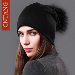 CNTANG Female Natural Raccoon Fur Pompom Hats Beanies Autumn Winter Warm Solid Caps For Women Fashion Cotton Skullies Thin Hat 211228
