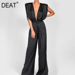 DEAT Summer Arrival Casual Solid Backless Loose Sleeveless Deep V Sexy High Waist Wide Leg Pants Jumpsuits Women SE242 210709