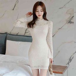 korean sping and summer style lacedress horn sleeve standinng collar lace temperanme n t office party for womendresses 210602