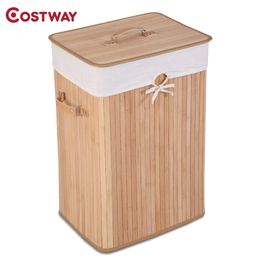 Rectangle Durable Lightweight Bamboo Hamper Laundry Basket Removable Liner Bag PU Leather Handle Thickened Lid 210316