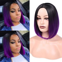 Synthetic Bob Wig Simulation Human Hair Wigs 12 Inches Black Purple Ombre Colour Middle Part Perruques RXG9170