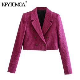 KPYTOMOA Women Fashion With Metal Button Cropped Tweed Blazer Coat Vintage Long Sleeve Female Outerwear Chic Veste Femme 211122