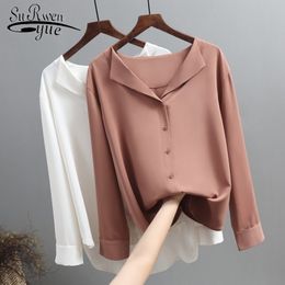 Casual Solid Female Shirts Outwear Tops 2021 Spring New Women Chiffon Blouse Office Lady V-neck Button Loose Clothing 5104 50 210315