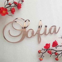 Custom Mirror Rose Gold Baby Name Sign Nursery Wall Decoration Personalised Wood Name Sign Rustic Wedding Party Baptism 210925
