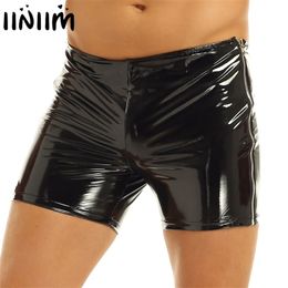 Black Men Shiny Glossy Patent Leather Boxer Short Pants Low Rise Elastic Slim Fit Side Zipper Hot Shorts Sexy Party Club Costume 210316
