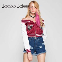 Jocoo Jolee Streetwear Animal Embroidery Jacket Autumn Women Short Slim Windbreaker Off-Shoulder Neck Zipper Design Women Coats 210619