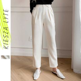 Pantaloni bianchi da donna Primavera Estate Solid Pantaloni alla caviglia con bottoni a vita alta moda minimalista femminile 210608
