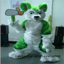 Mascot CostumesHalloween Green Long Fur Fox Husky Dog Mascot Costume Dress Adult Fursuit Cartoon Outfit Carnival Xmas Easter Ad Clothes