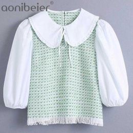 Textured Patchwork Summer Fashion Puff Sleeve Women Casual Blouses Tassels Hem Loose Female Tops Fake Two Pieces 210604