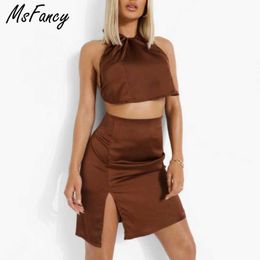 Msfancy Summer Skirt Sets Women Y2k Halter Backless Crop Tops High Waist Split Mini Skirt 2 Pieces Set Mujer Sexy Suits 210604