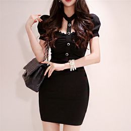 Korea Ladies Sexy Dress Summer Black Short Sleeve hang neck linen Mini fashion clothing Bodycon gothic Dresses 210602