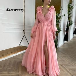 Pink Chiffon Prom Dress 2021 Long Sleeves Pleated High Side Split Flowers A-Line V-Neck Saudi Arabia Evening Party Gown