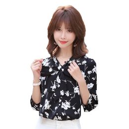 Floral Chiffon Blouse Women Korean Style Plus Size S-5XL Elegant Ladies Bow Tie Mid-sleeves Loose Shirt Female LR1239 210531