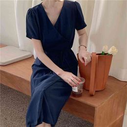 Minimalist Lace Up Dress Ladies Summer Short Sleeve Midi Length Shirts Solid Chic Side Buttons Elegant Vestidos 210601