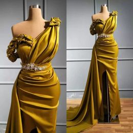 Prom Gold Mermaid Dresses One Shoulder Beaded Crystal Front Slit Custom Made Sweep Train Satin Evening Party Gown Plus Size Vestidos 2022