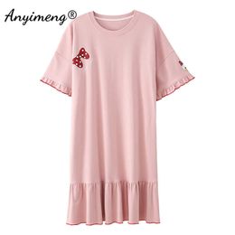Summer Plus Size Lingerie Night Dressing Gown Short Sleeves Pink Kawaii Bow Printing Loose Big 3xl 4xl 5xl Women Nightgown 210924