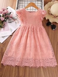 Toddler Girls Floral Embroidery Ruffle Trim Bow Back Lace Dress SHE