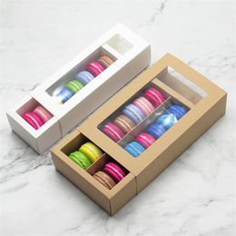 Brown Kraft Paper Macaron Box White Cardboard Cookie Box With Clear PVC Window Drawer Type Rectangular Packing Box