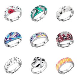 OGULEE 925 Sterling Silver Rings for Women Blue Red Green CZ Finger Ring Handmade Enamel Jewelry Engagement Wedding 211217