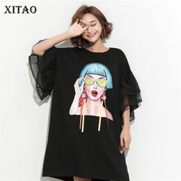 XITAO Splice Ribbon Cartoon Pattern Dress Women Puff Mesh Sleeve Plus Size Casual Party Black Dress Korean Style Summer DLL2106 210309