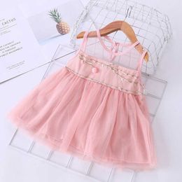 New Baby Girls Summer Pink Princess Lace Dress Solid Colour Korean Cute Cotton Suspender Clothes 3m-12m Baby Cartoon Outfits Q0716