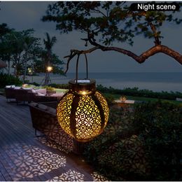 2PACK NEW Hanging Solar Lanterns Retro Hollow Solar Lights With Handle Outdoor Solar Garden Lights Decor For Yard Tree Fence Patio Bronze