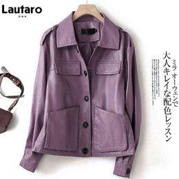 Lautaro Autumn Purple Faux Leather Jackets for Women Drop Shoulder Long Sleeve Pockets Buttons Black Casual Korean Fashion 211118