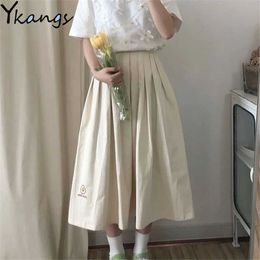 Casual Loose Pleated Cargo Skirt Women Summer College Style Wild Skirts Korean Style Flower Embroidery Simple Saia Students 210619