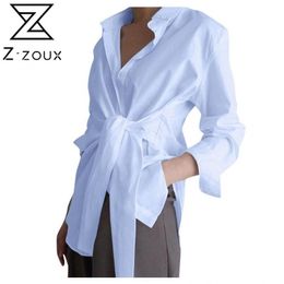 Women Blouse Long Sleeve Loose Shirts Bandage White Irregular Ladies Tops Plus Size Spring Autumn 210524