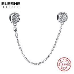ELESHE 925 Sterling Silver Vintage Heart Safety Chain Stopper Bead Fit Original Charm Bracelet DIY Silver Jewellery Making Q0531