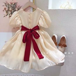 Kids Baby Girls Summer Short Sleeve O-neck Bow Solid Knee-length Dresses Toddler Children Clothes 2-7Y Q0716