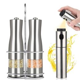 Electric Pepper Mill Stainless Steel Salt Shaker Grinder Set with Metal Stand and Oil Sprayer Kitchen Tool Spice 220311