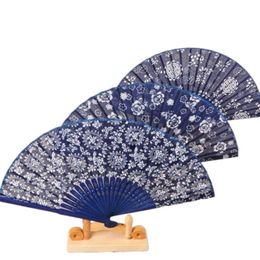 200pcs Wedding Favors Gift Printing Flower Blue Cloth Folding Hand Craft Fan Classical Chinese Craft Party Gifts