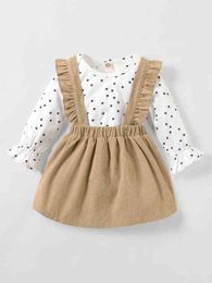 Baby Star Print Flounce Sleeve Bodysuit & Ruffle Trim Corduroy Overall Dress SHE