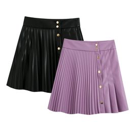 Simplee Fashion artificial leather women's Mini Skirt Striped button A-line short skirt High Street Black Leather Skirt autumn 210310