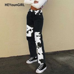 HEYounGIRL Patchwork Cow Print Jeans Women Y2K Casual High Waisted Pants Capris Harajuku 90s Black Long Trousers Ladies Street X0629