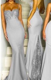 Elegant Silver Grey Floor Length Bridesmaid Dress Spaghetti Straps Lace Spring Summer Wedding Guest Maid of Honour Gown Custom Made Plus Size