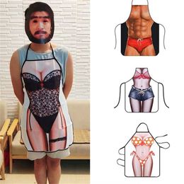 Funny 3D Kitchen Apron Digital Printed Sexy Naked Men Aprons Super muscle Hero Pattern Dinner BBQ Barbecue Cooking Uniform 211222