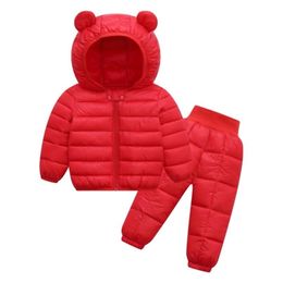 Children's Clothes Sets Winter Girls and Boys Hooded Down Jackets Coat-Pant Overalls Suit for Warm Kids Clothin 211021