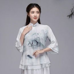 Ethnic Clothing Summer Chinese Traditional Tang Suit Top Vintage Women Chiffon Ink Print Gradient Zen Shirt Fairy Fancy Blouse 31506